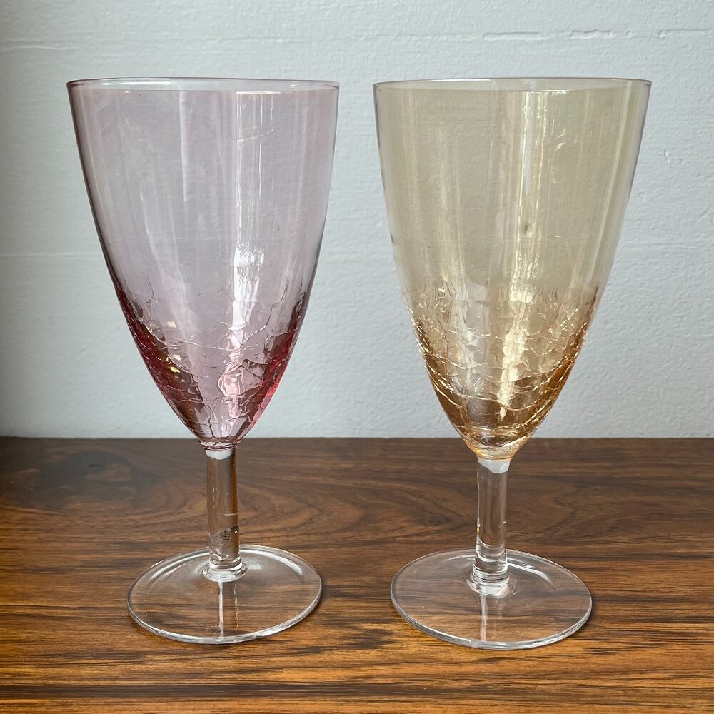 Pier 1 Imports Amber & Pink Crackle Wine Glasses Set of 2 Hand Blown Goblets